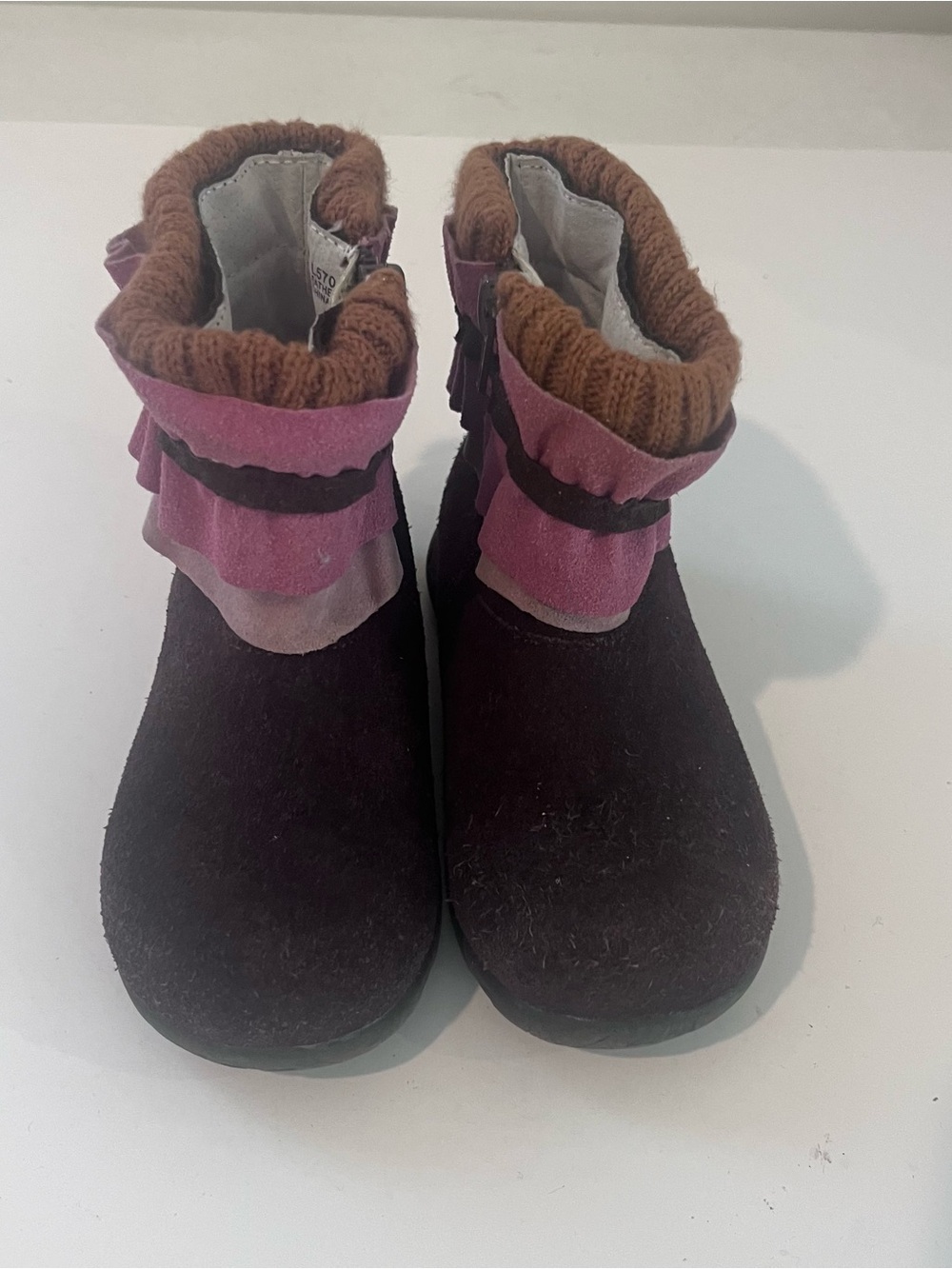 Lamour Girls Boots Suede Leather Ruffle Pink Brown Size 9